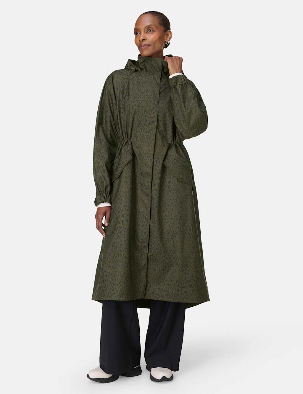 Sweaty Betty Motion Technical Animal Print Longline Parka Green
