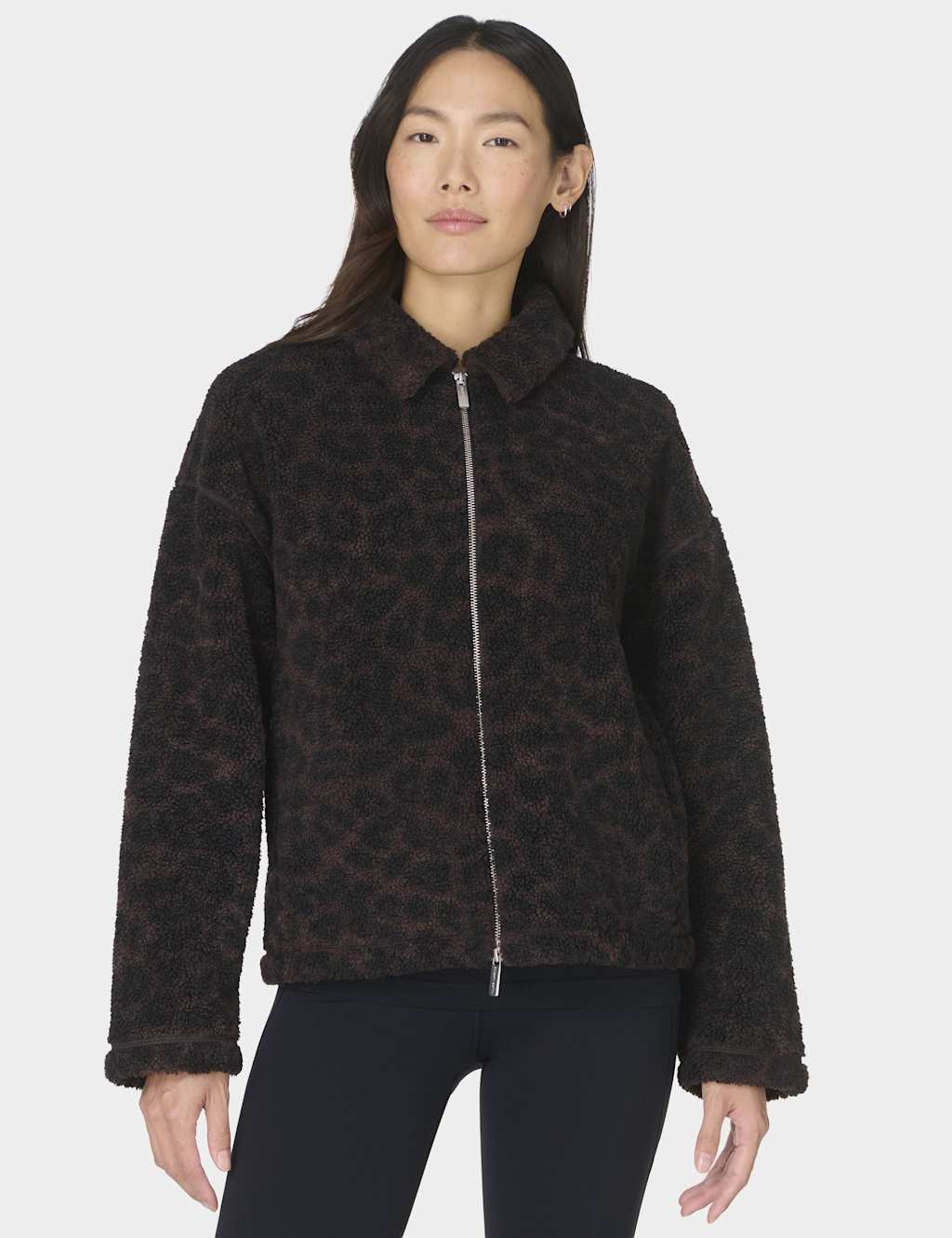 Sweaty Betty Plush Leopard Print Collared Fleece Jacket Brown