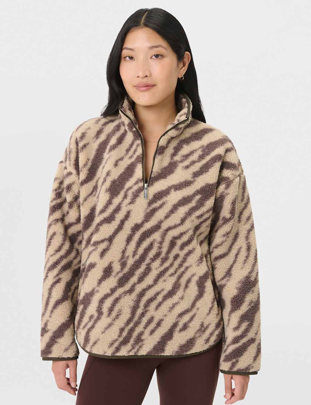 Sweaty Betty Plush Fleece Animal Print Sweatshirt Beige