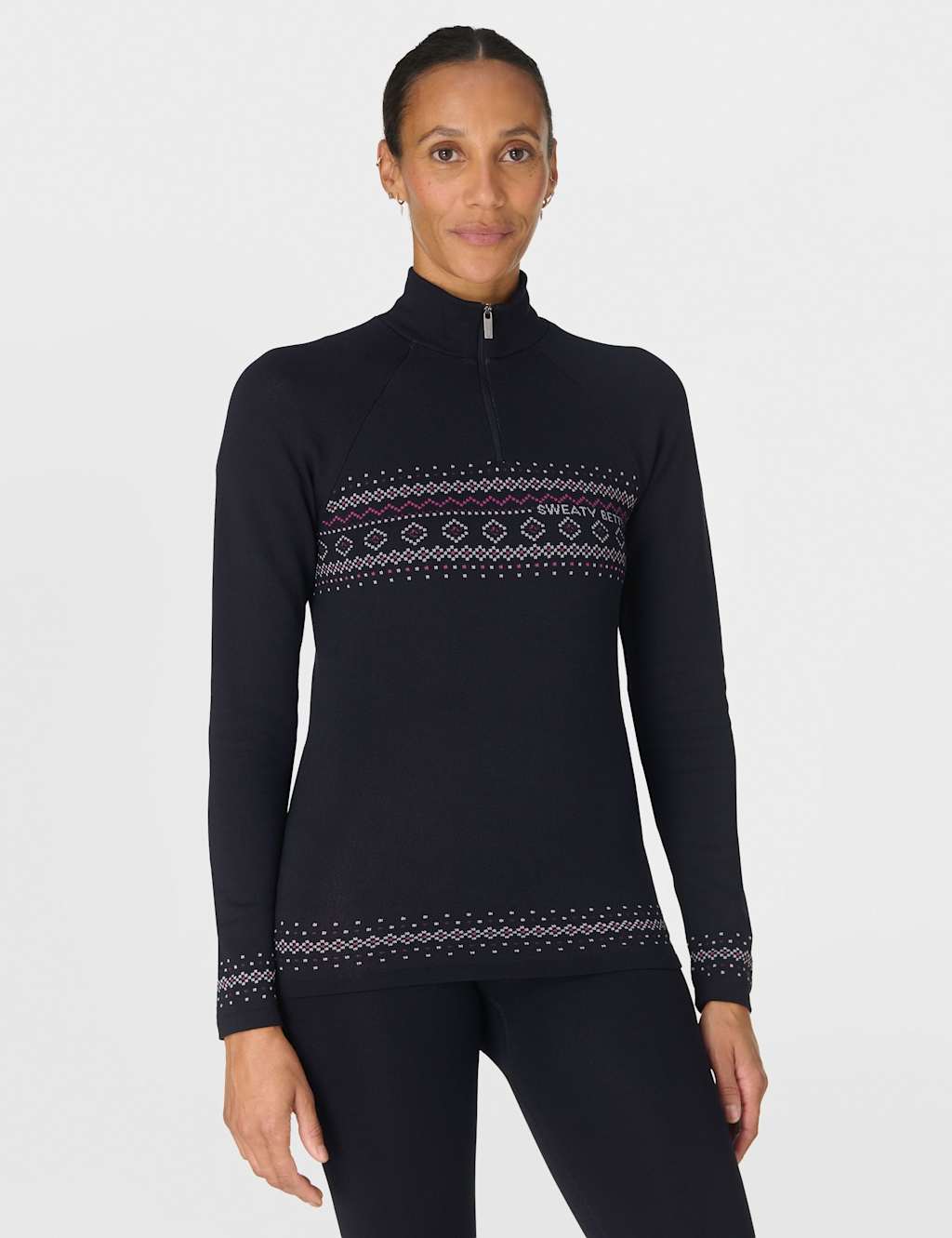 Sweaty Betty Fair Isle Thermal Half Zip Base Layer Top Black Mix