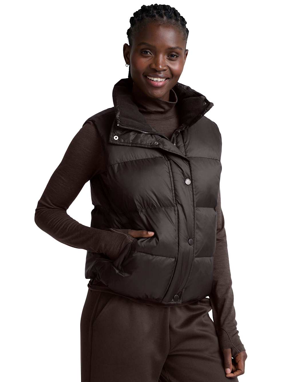 Beyond Yoga Big Cozy Zip Up Funnel Neck Puffer Gilet Chocolate