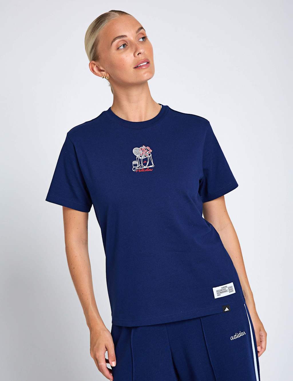 Adidas Women's Pure Cotton Mini Embroidered Graphic T-Shirt - Small - Navy