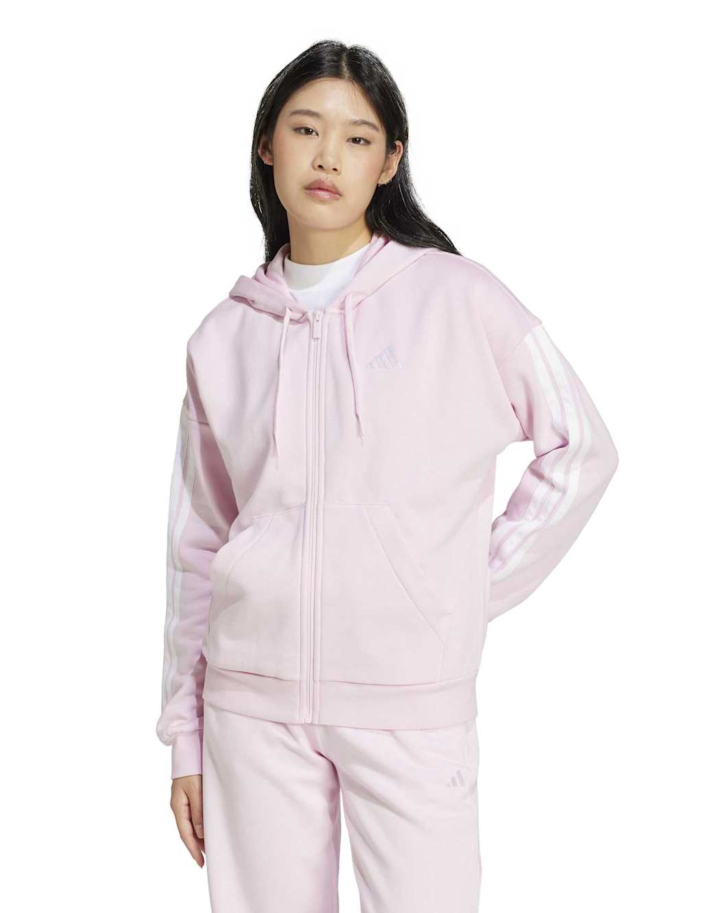 Adidas Women's 3 Stripes Cotton Rich Fleece Zip Up Hoodie - Small - Light Pink