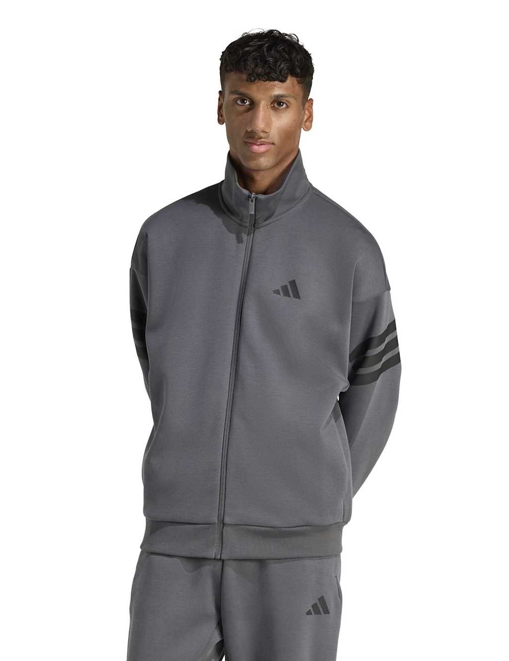 Adidas Men's Cotton-Blend Funnel Neck Zip Sports Jacket - M - Medium Grey