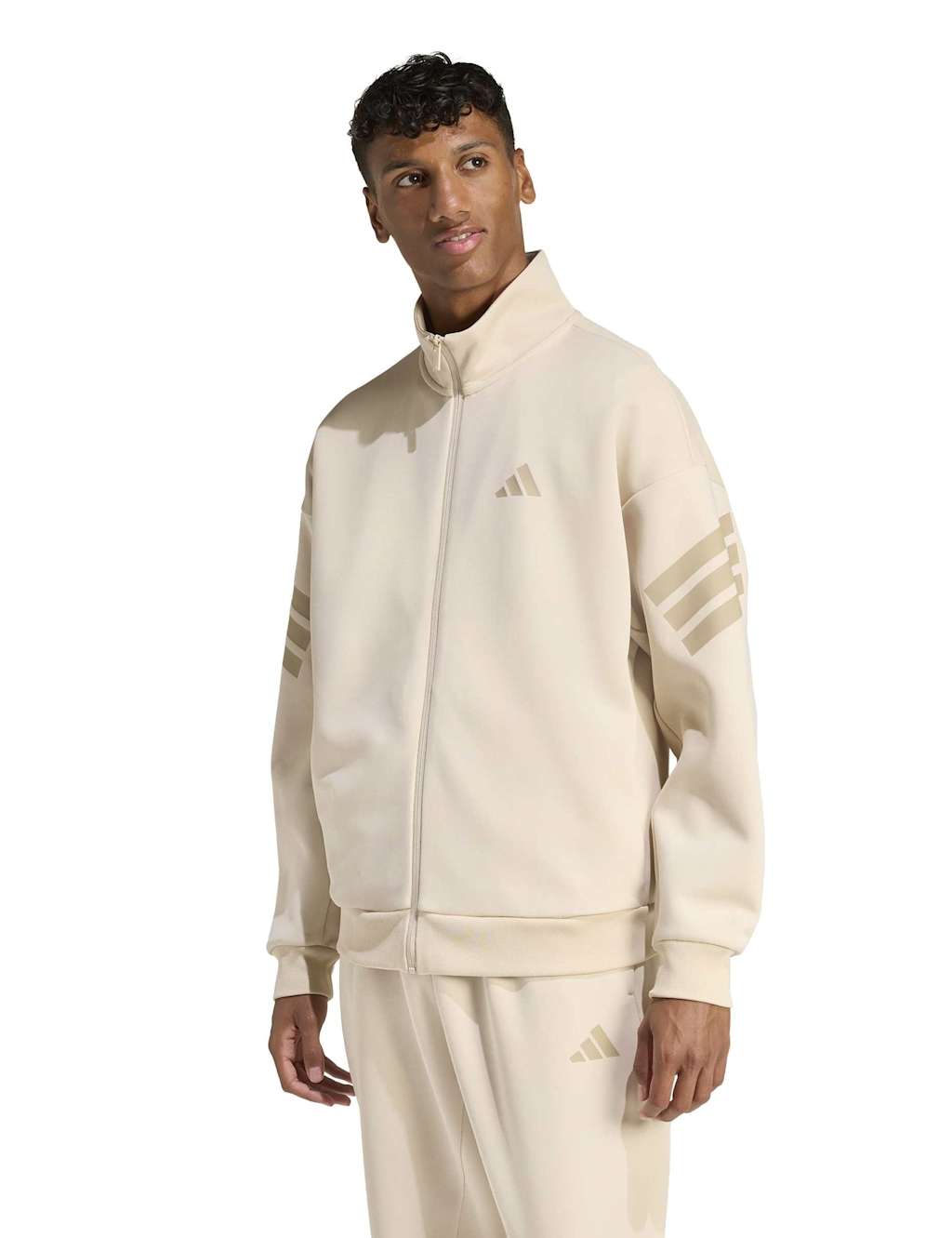Adidas Men's Cotton-Blend Funnel Neck Zip Sports Jacket - L - Natural