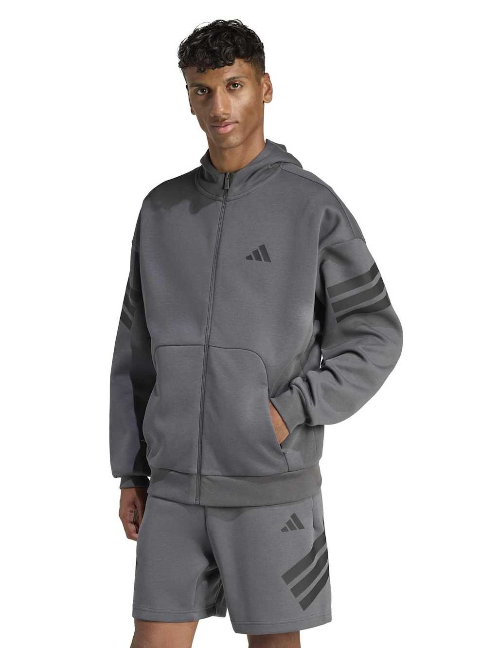 Adidas Men's Future Icons Cotton Blend Zip Up Hoodie - L - Medium Grey