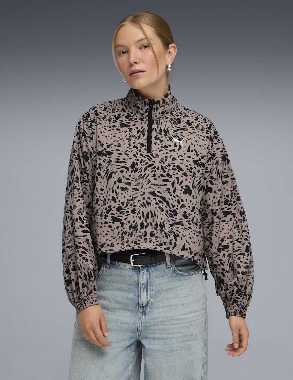 Puma Women's Woven Animal Print Half Zip Sweatshirt - Small - Stone