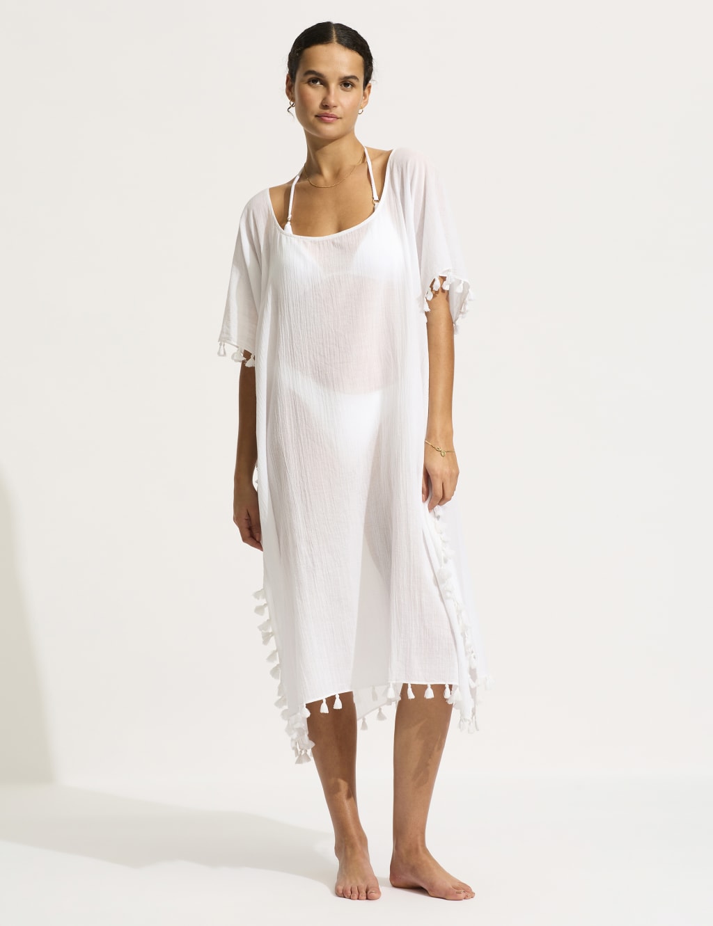 Amnesia Pure Cotton Tassel Trim Kaftan Beach Dress