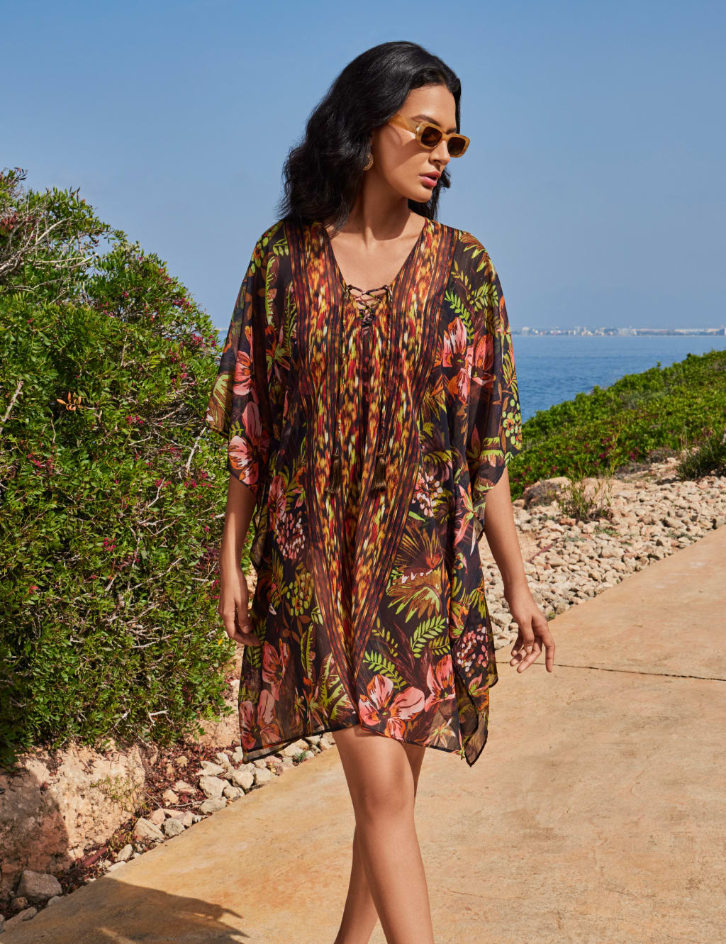 Sheer Floral V-Neck Kaftan Dress