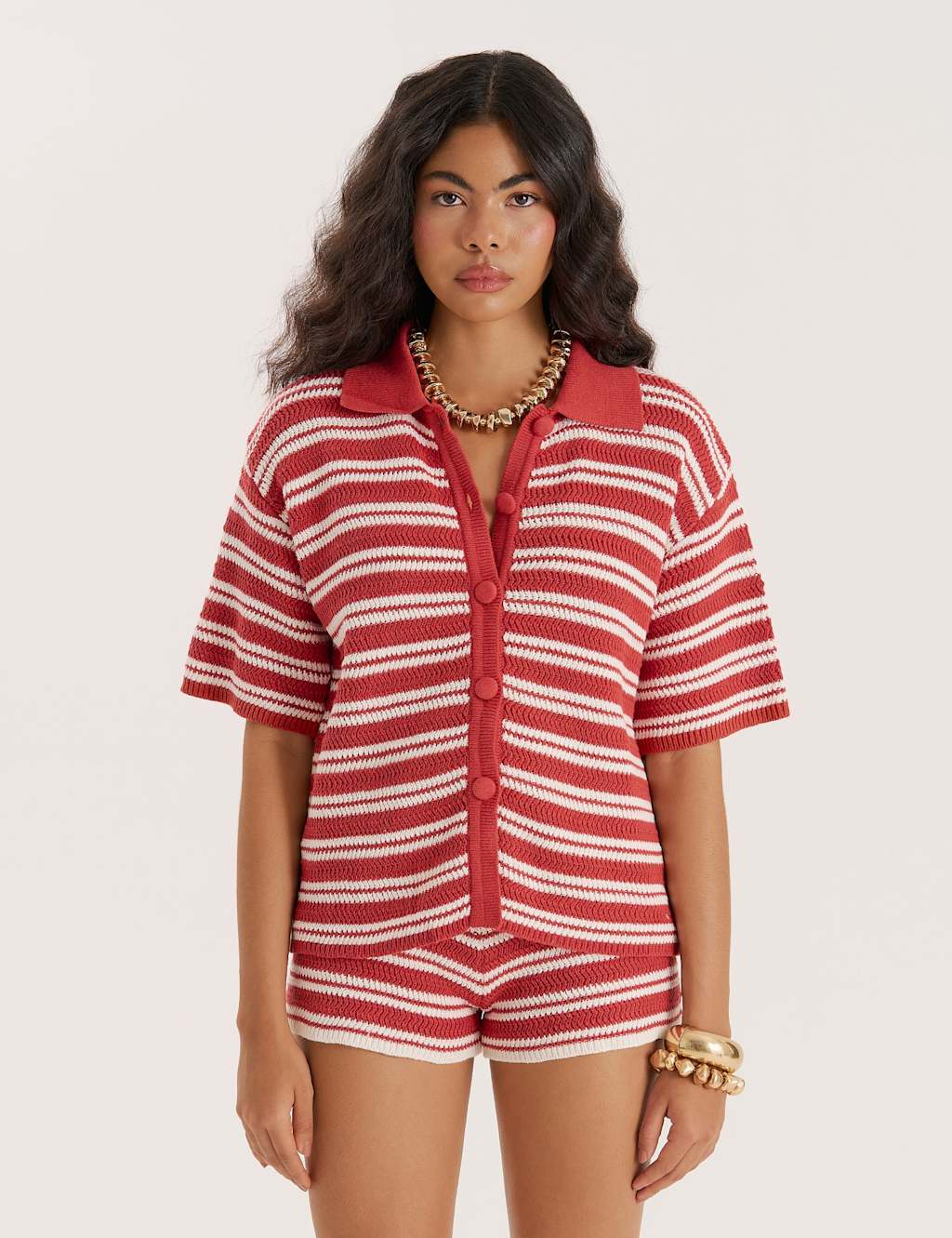 4th & Reckless Knitted Striped Relaxed Beach Shirt Red Mix