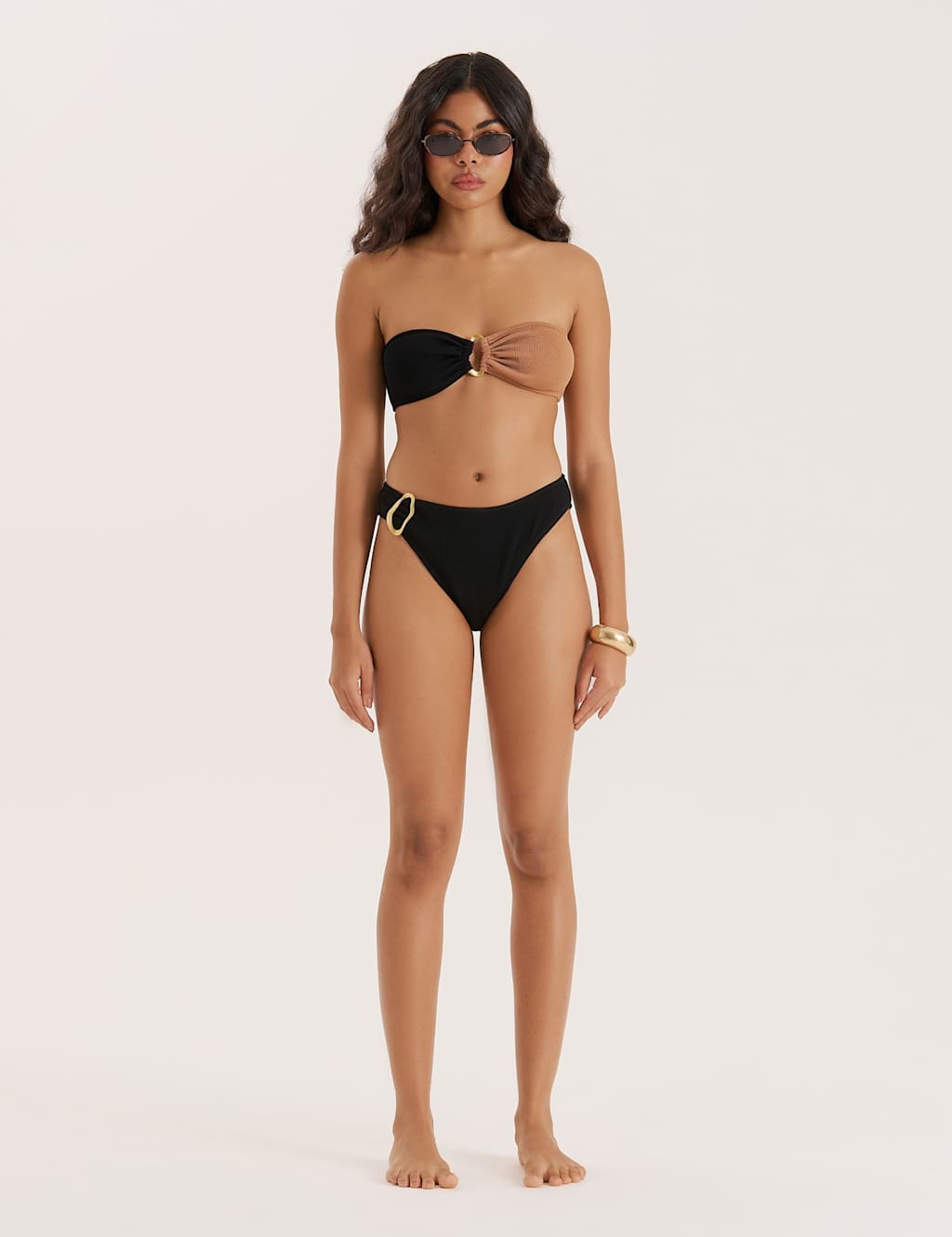 4th & Reckless Textured High Leg Bikini Bottoms Black Mix