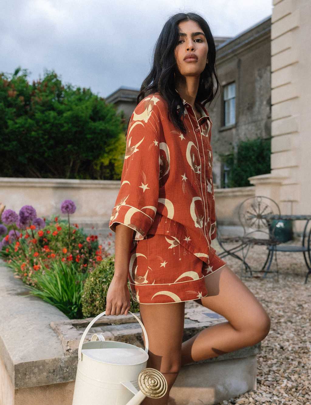 Chelsea Peers Pure Cotton Fox & Moon Print Shortie Set Orange