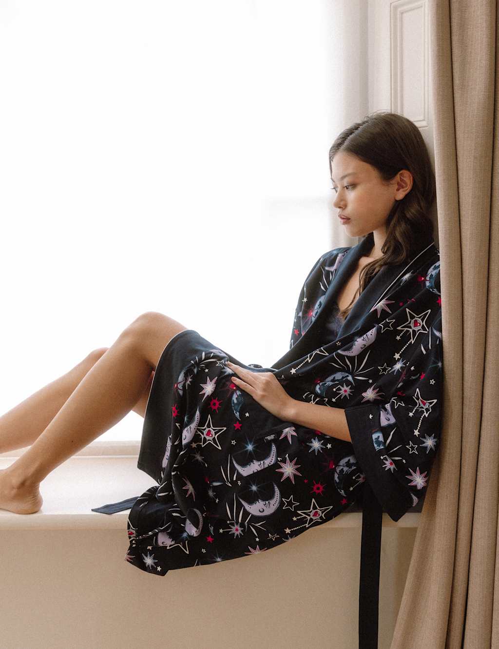 Chelsea Peers Cotton Rich Moon Print Tie Dressing Gown Navy