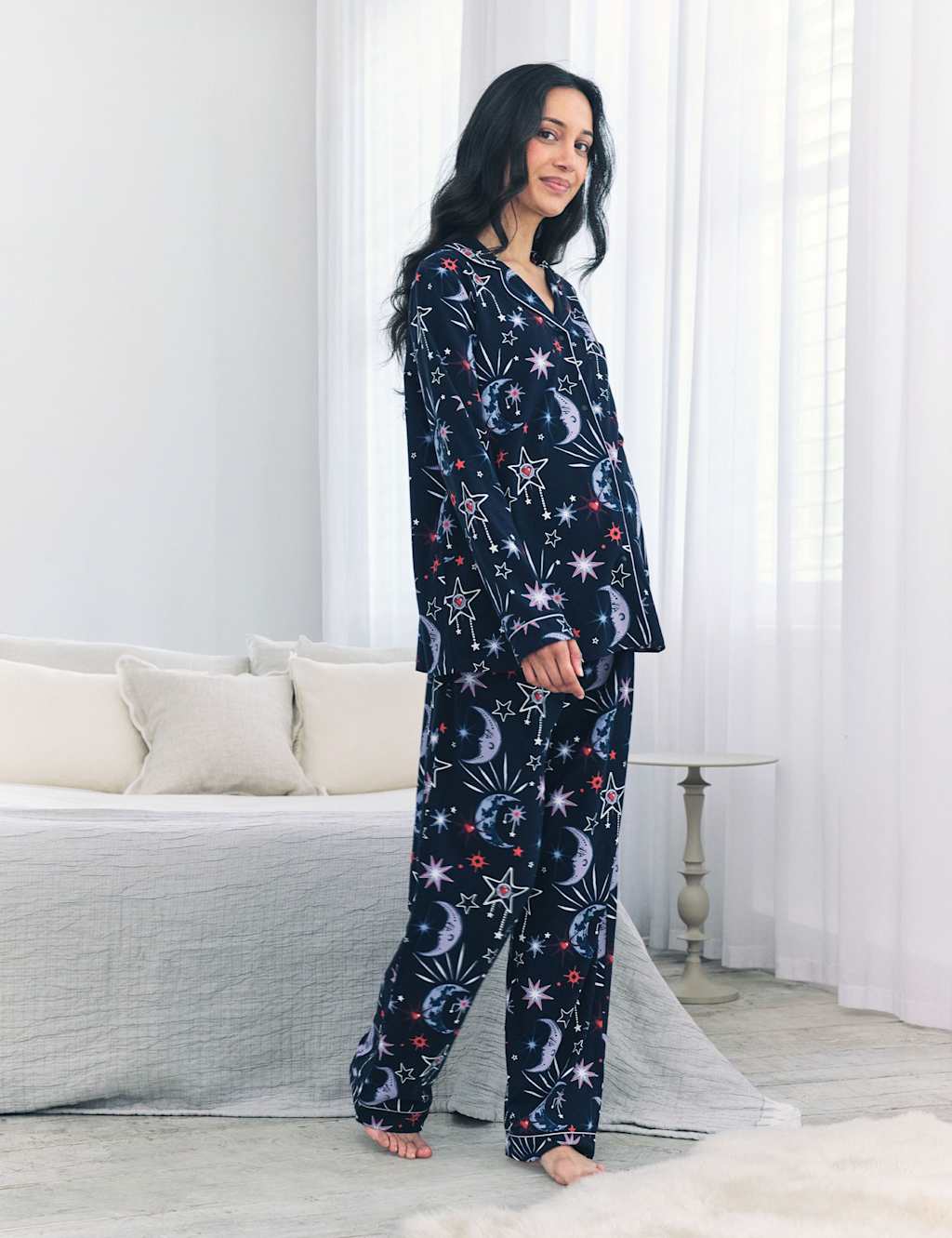 Chelsea Peers Maternity Cotton Rich Moon Print Pyjama Set Navy