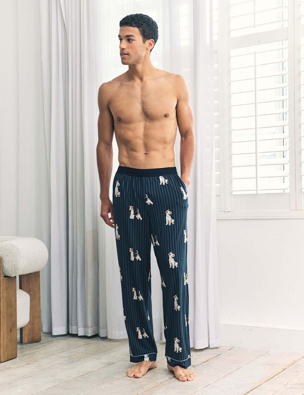 Chelsea Peers Jersey Dog Print Striped Pyjama Bottoms Navy
