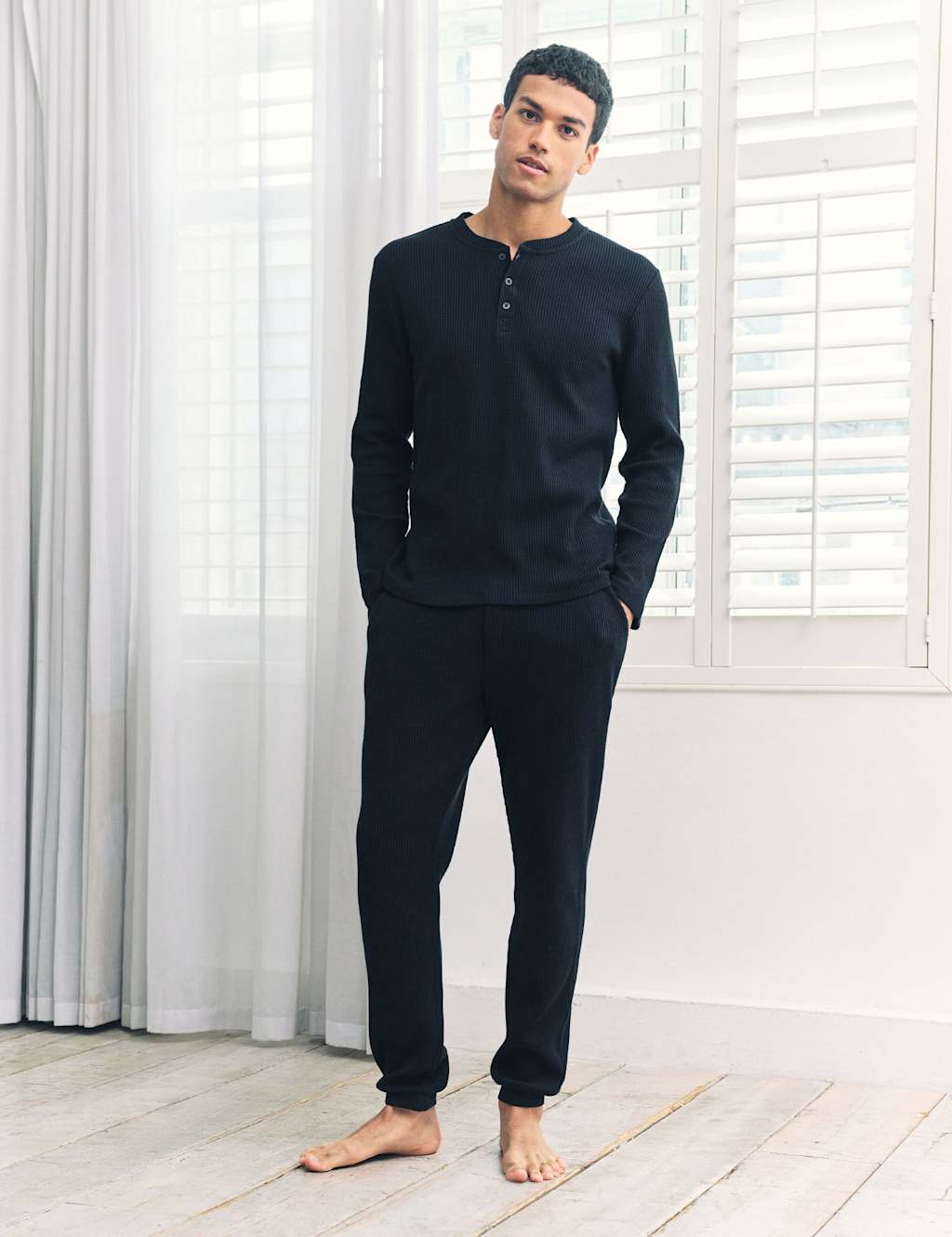 Chelsea Peers Cotton Rich Waffle Henley Neck Pyjama Top Navy