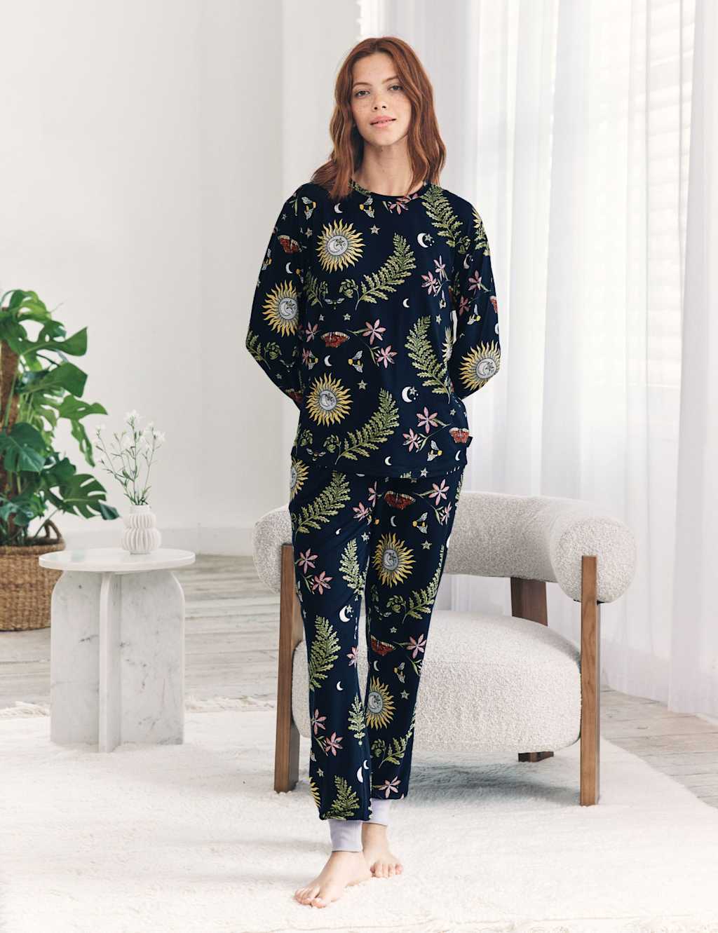 Chelsea Peers Jersey Forest Print Cuffed Ankle Pyjama Set Navy