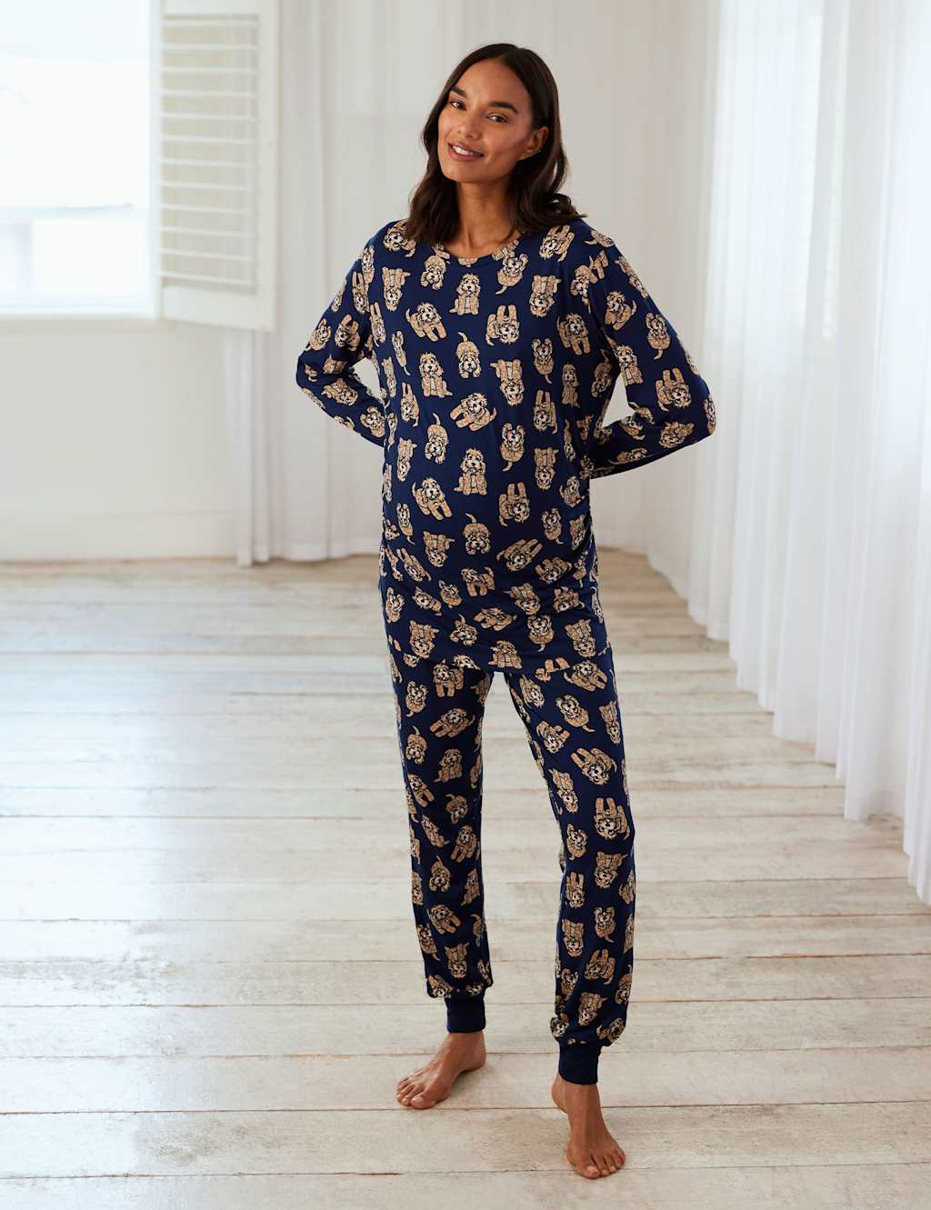 Chelsea Peers Maternity Dog Print Crew Neck Pyjamas Navy