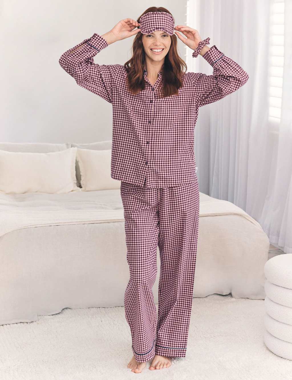 Chelsea Peers Pure Cotton Checked Pyjama Set with Eye Mask Pink Mix