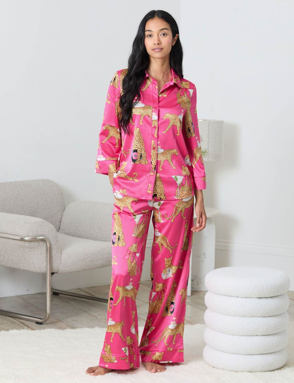 Chelsea Peers Satin Cocktail Leopard Print Pyjama Set Pink Mix