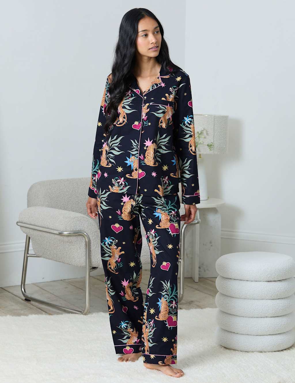 Chelsea Peers Pure Cotton Heart Tiger Button Up Pyjamas Navy Mix