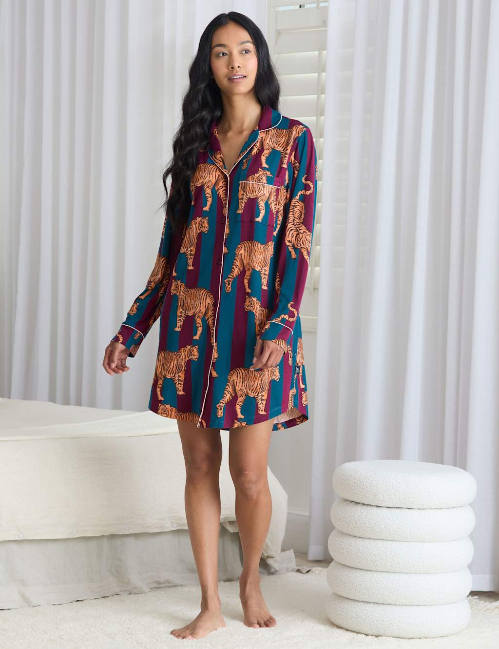 Chelsea Peers Jersey Tiger Striped Revere Nightshirt Burgundy Mix