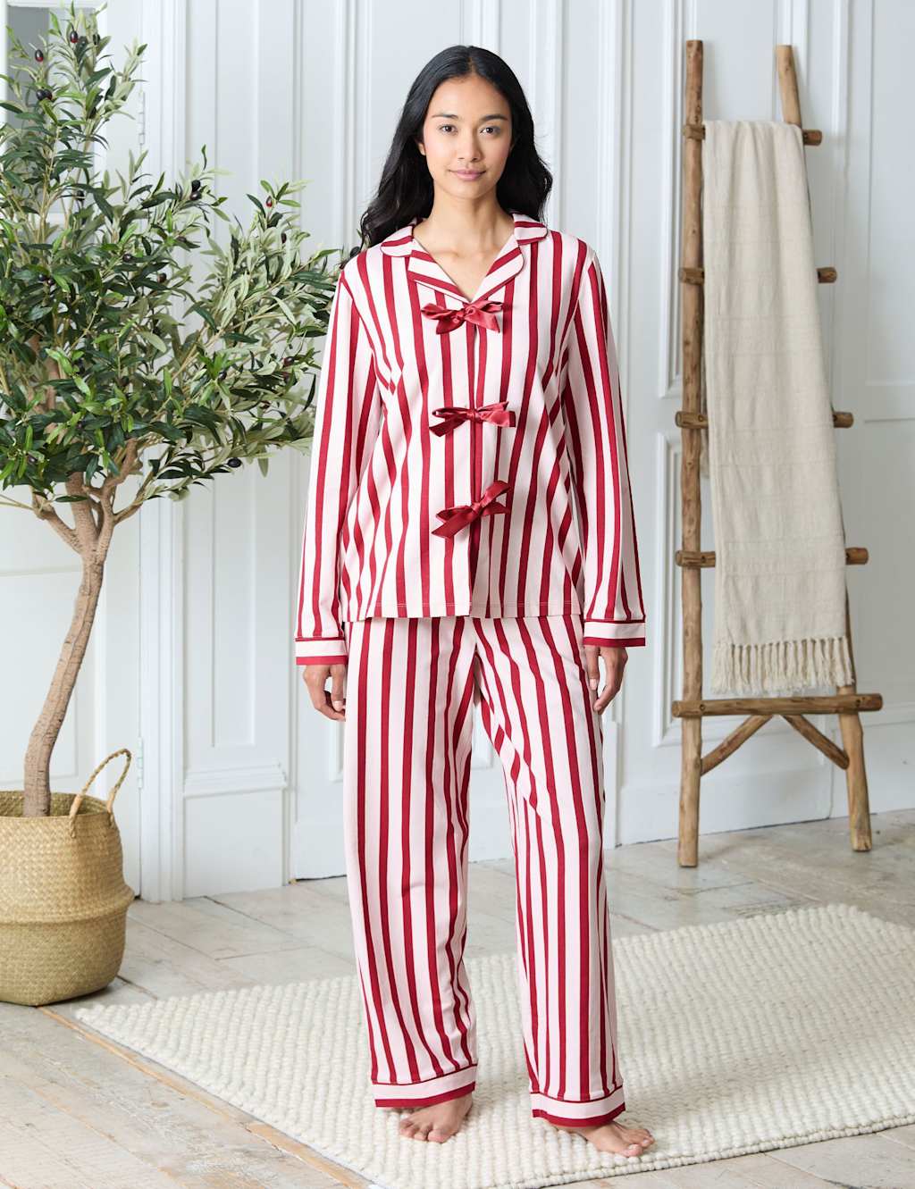 Chelsea Peers Cotton Rich Striped Bow Front Pyjama Set Pink Mix