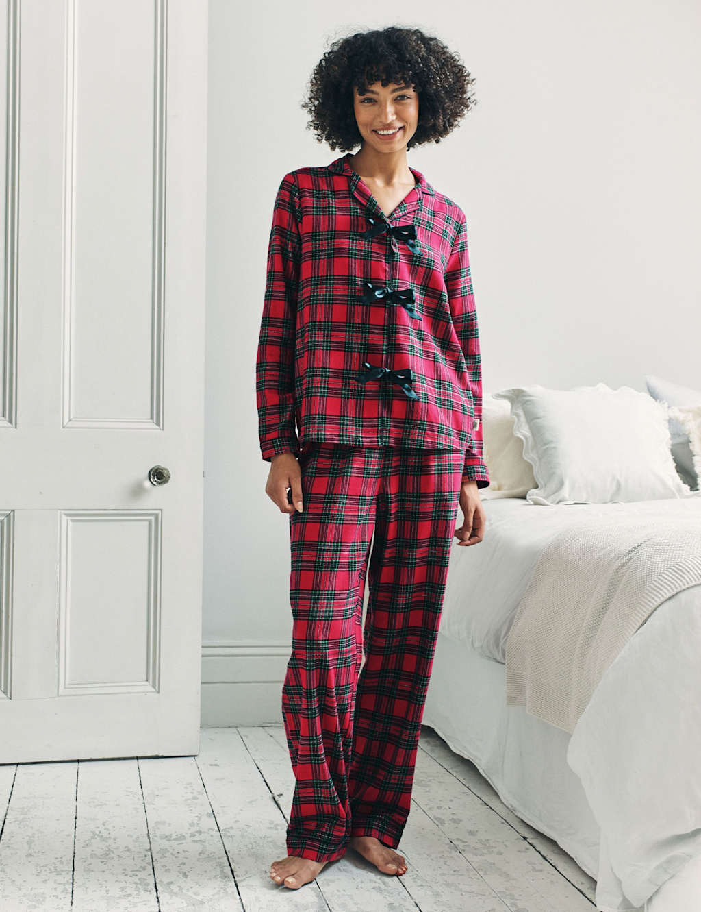 Chelsea Peers Pure Cotton Checked Bow Front Christmas Pyjama Set Red Mix