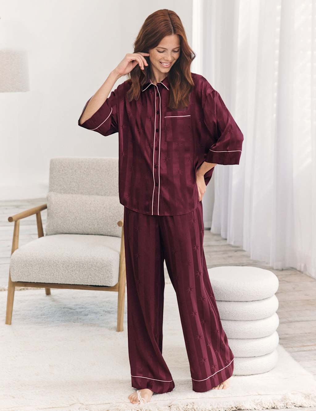 Chelsea Peers Jacquard Star Striped Button Up Pyjamas Burgundy Mix