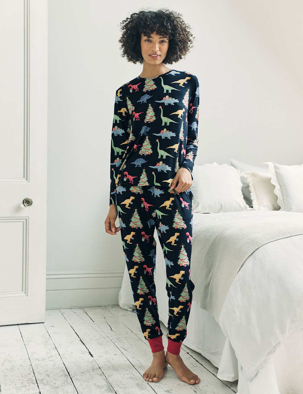 Chelsea Peers Crew Neck Dinosaur Print Family Christmas Pyjama Set Navy Mix
