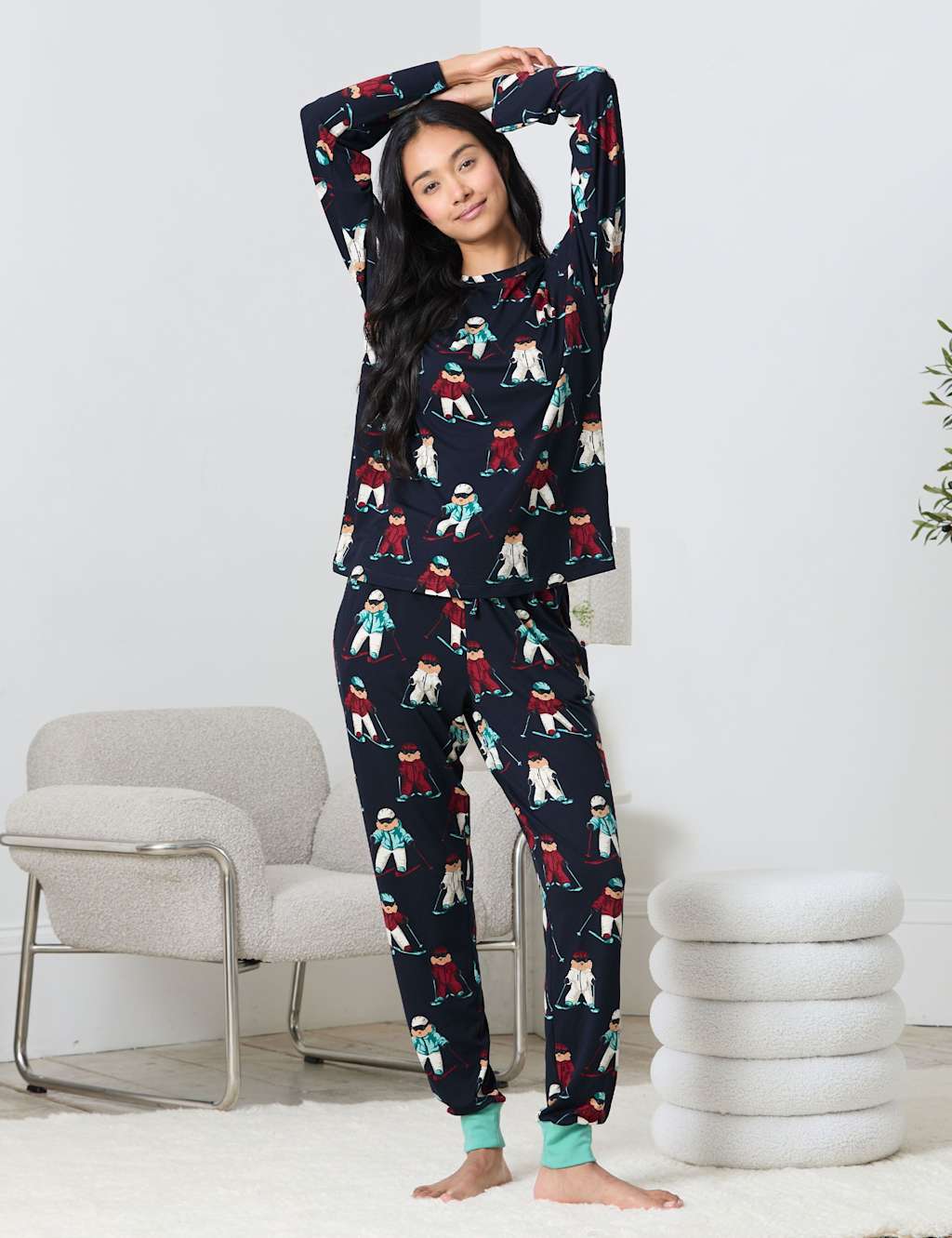 Chelsea Peers Christmas Skiing Dog Print Crew Neck Family Pyjama Set Navy Mix