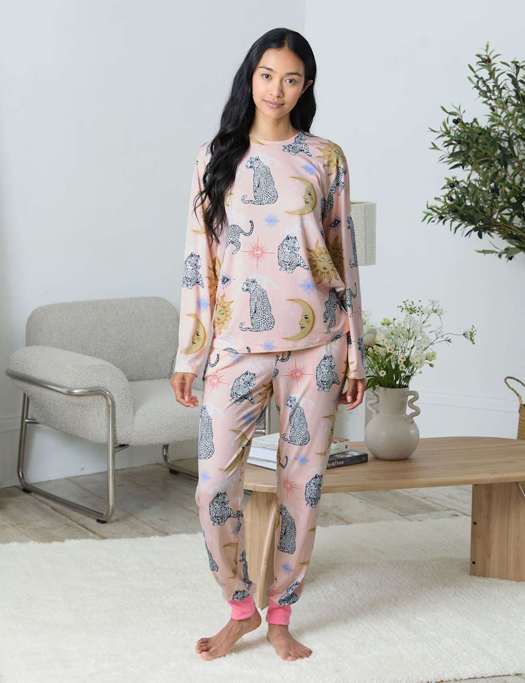 Chelsea Peers Celestial Leopard Print Crew Neck Pyjama Set Pink Mix