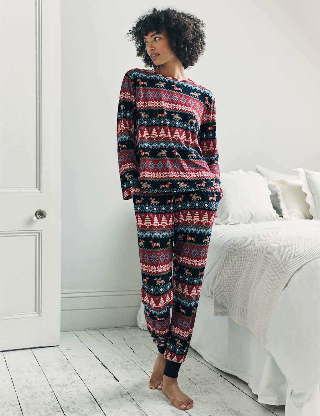 Chelsea Peers Sausage Dog Fair Isle Print Crew Neck Family Christmas Pyjamas Navy Mix