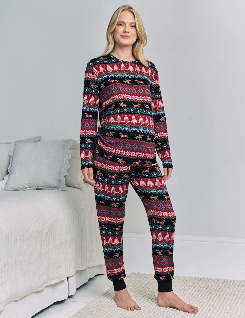 Chelsea Peers Maternity Sausage Dog Fair Isle Print Crew Neck Family Christmas Pyjamas Navy Mix