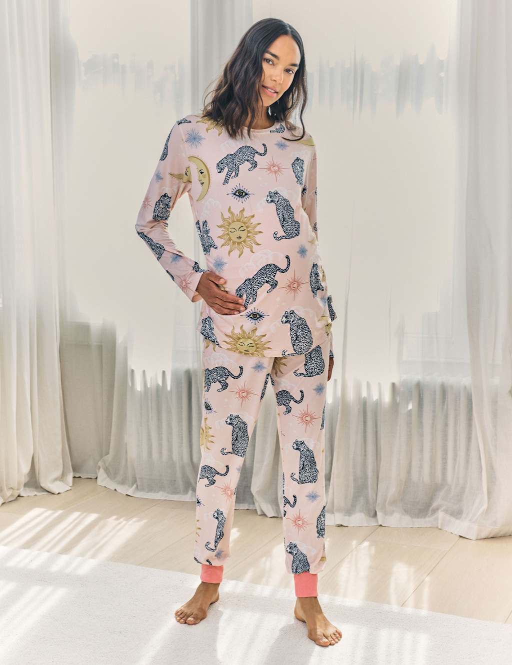Chelsea Peers Maternity Jersey Leopard Crew Neck Pyjama Set Pink Mix
