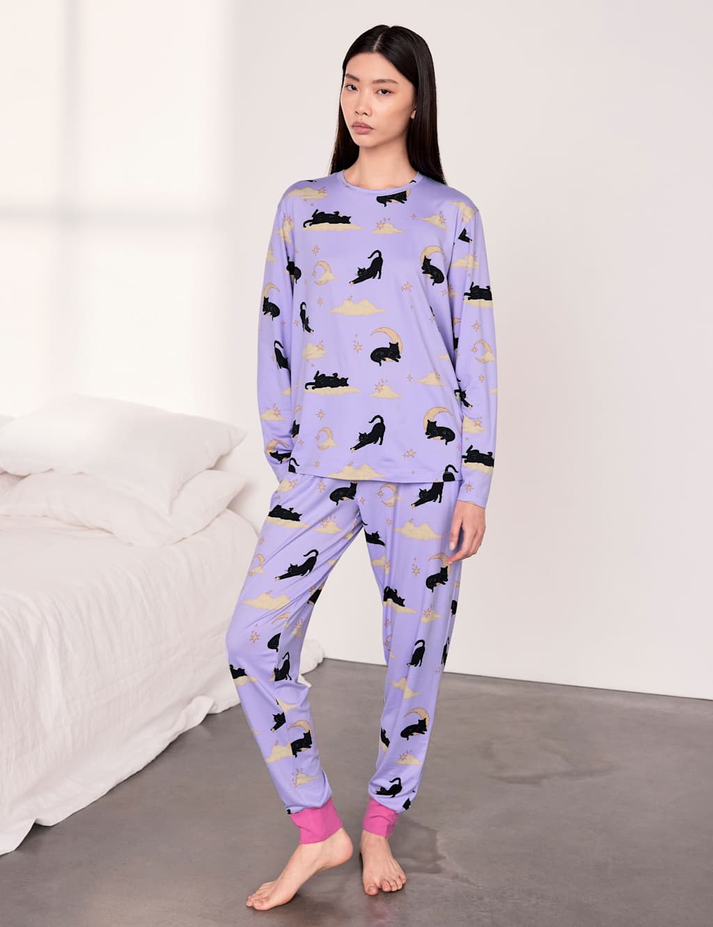 Chelsea Peers Women's Jersey Halloween Cats Clouds Print Crew Neck Pyjama Set - 10 - Lilac - Available at M&S