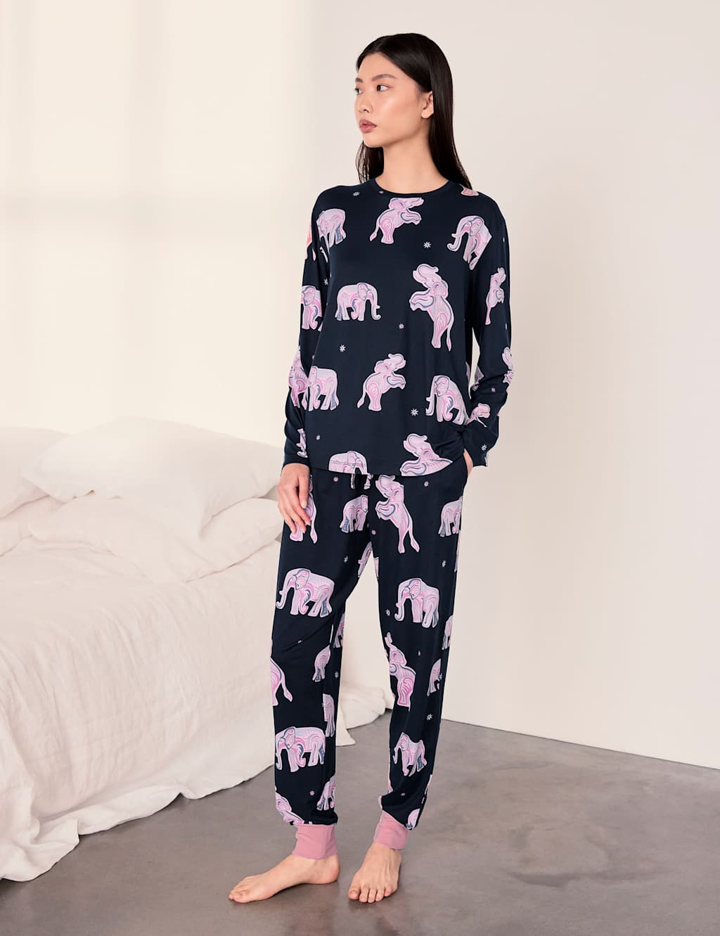 Chelsea Peers Women's Jersey Elephant Print Cuffed Hem Pyjama Set - 6 - Navy - Available at M&S