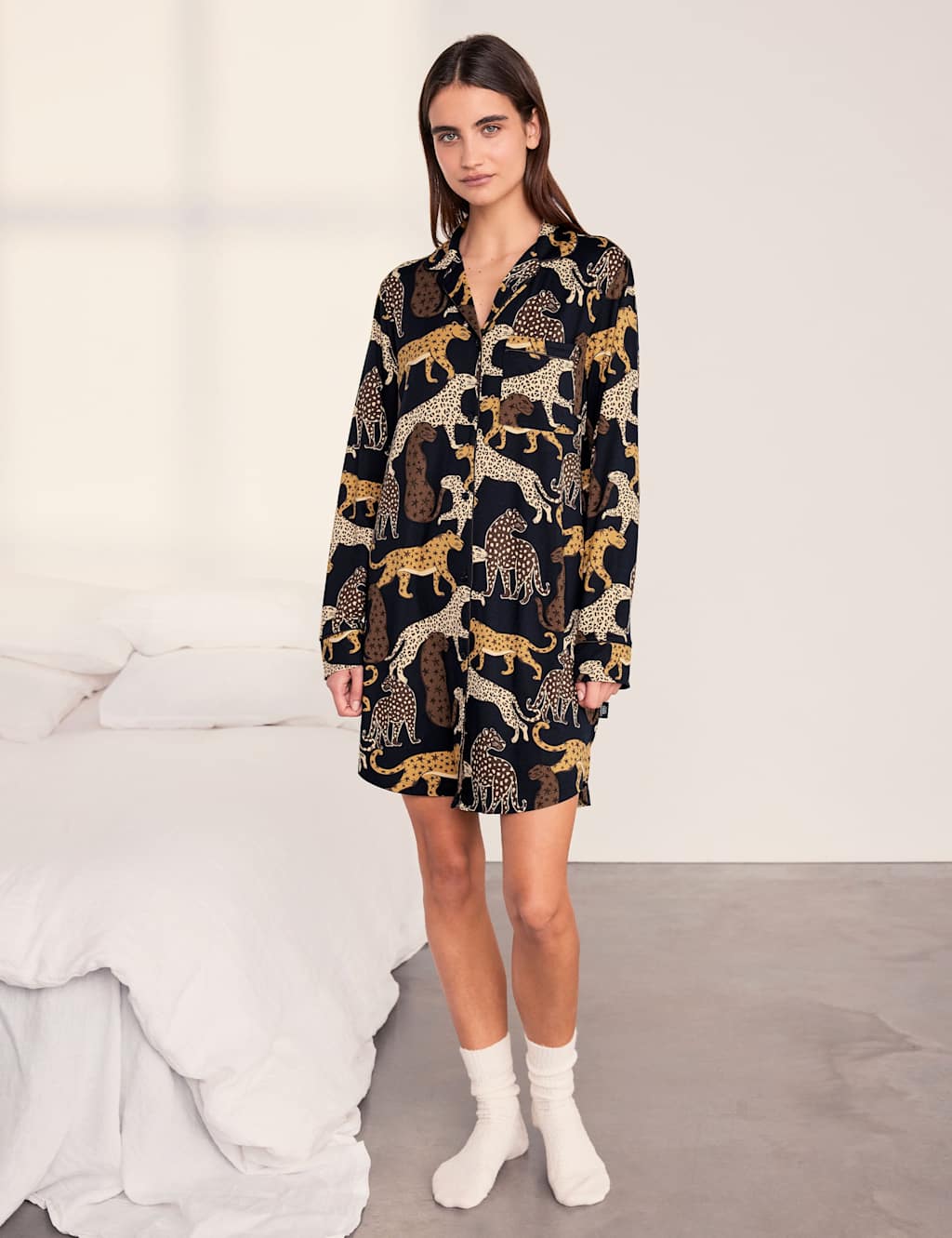Chelsea Peers Women's Jersey Leopard Print Revere Nightshirt - 8 - Navy - Available at M&S