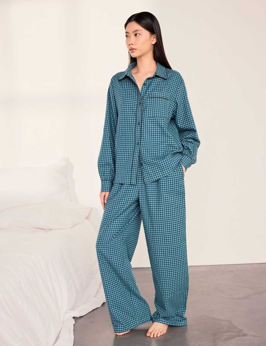 Chelsea Peers Women's Pure Cotton Flannel Gingham Pyjama Set - 18 - Teal - Available at M&S