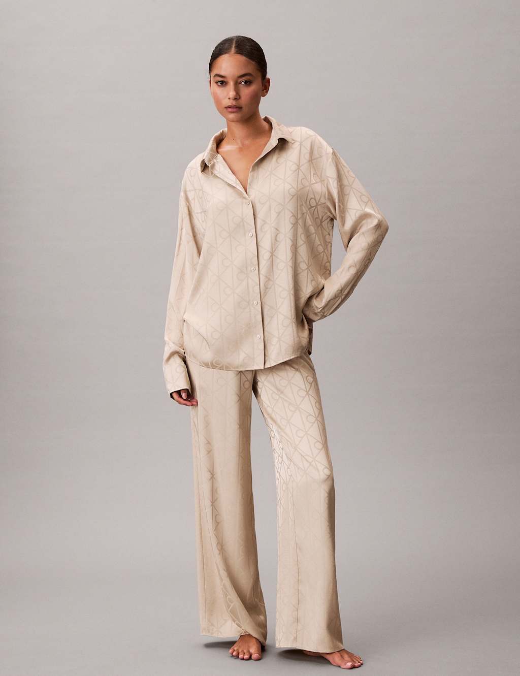 Calvin Klein Women's Satin Printed Pyjama Set - Extra Large - Beige Mix - Available at M&S