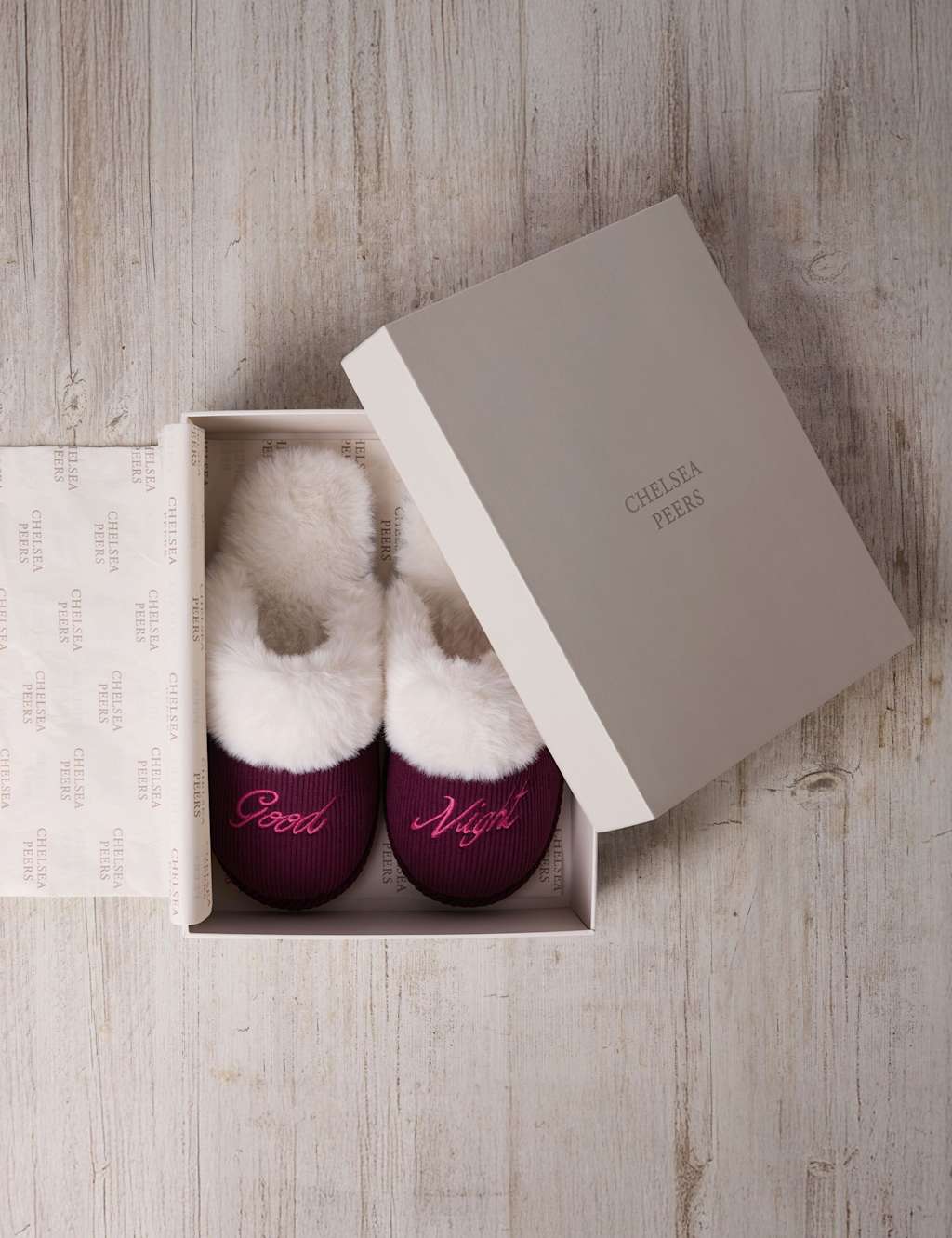 Chelsea Peers Faux Fur Lined Embroidered Good Night Mule Slippers Pink