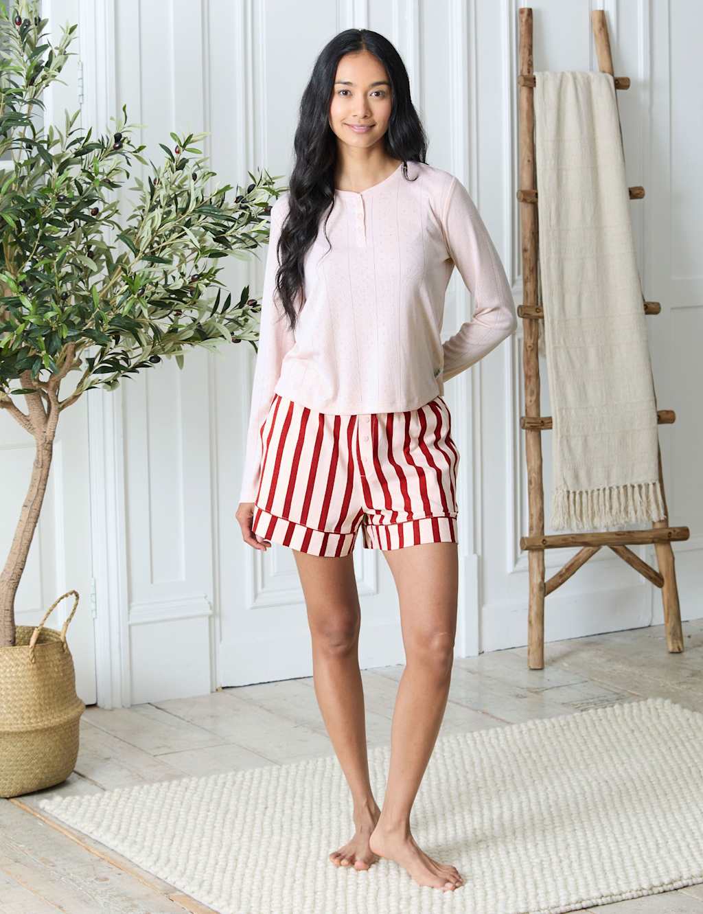 Chelsea Peers Pointelle Top Striped Shortie Set Pink Mix