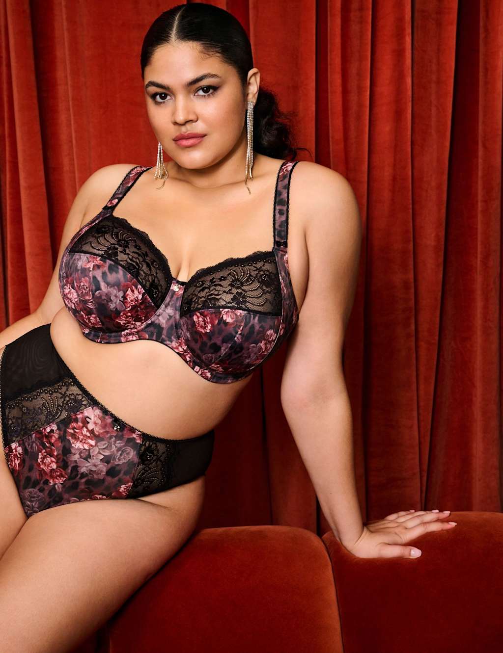 Elomi Morgan Lace Floral High Leg Knickers Burgundy Mix