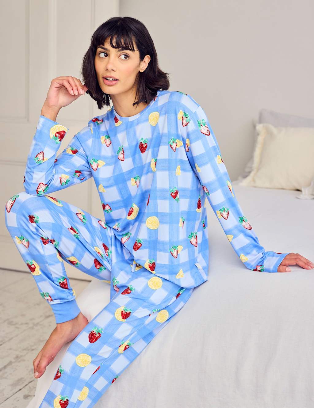 Chelsea Peers Women's Tall Fruit Print Crew Neck Pyjama Set - 14 - Blue - Available at M&S