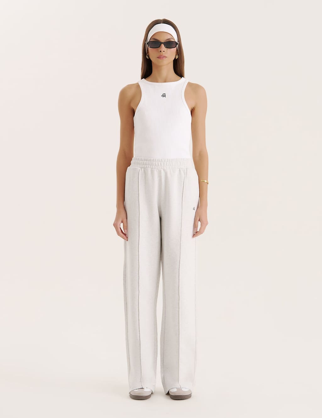 4th & Reckless Pure Cotton Pintuck Detail Wide Leg Joggers Grey