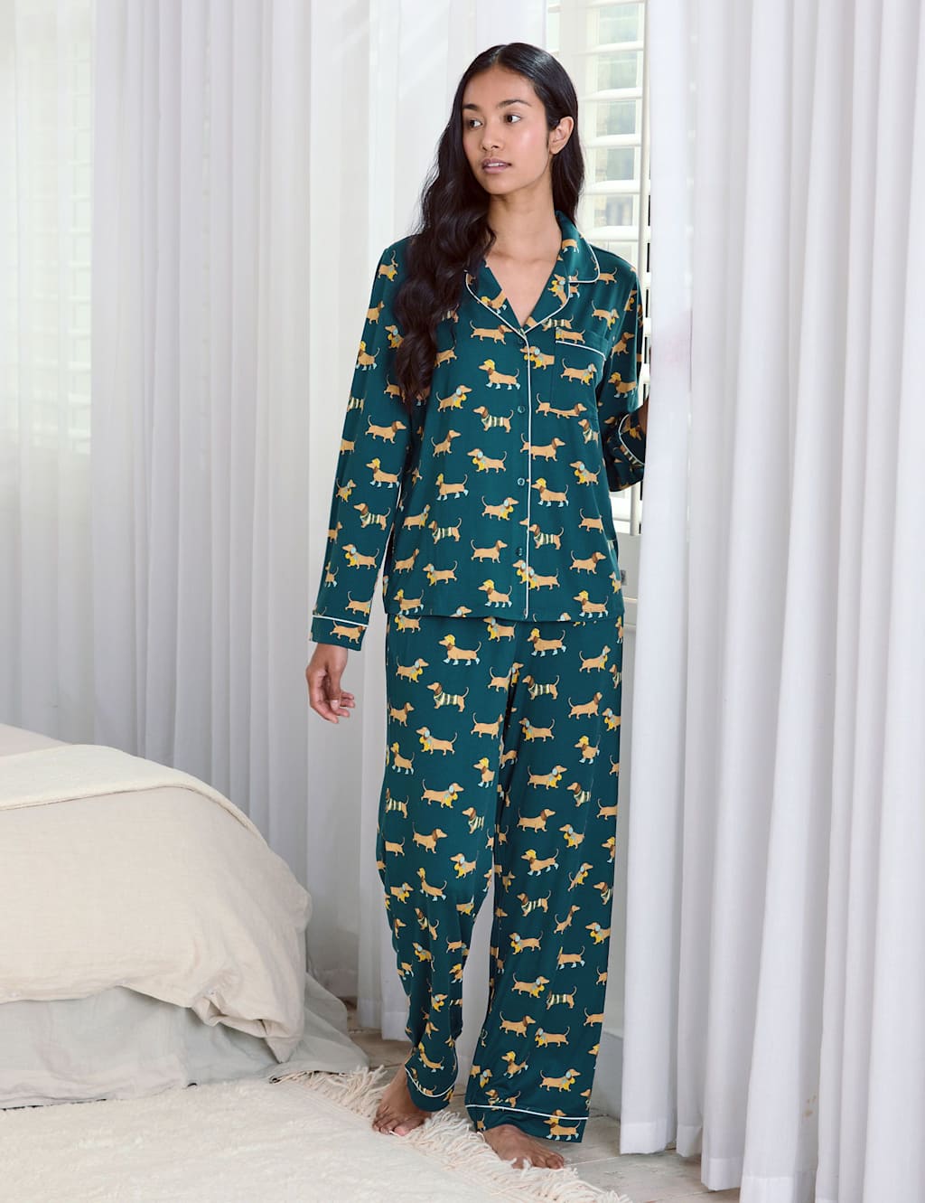 Chelsea Peers Jersey Sausage Dog Print Pyjama Set Teal Mix