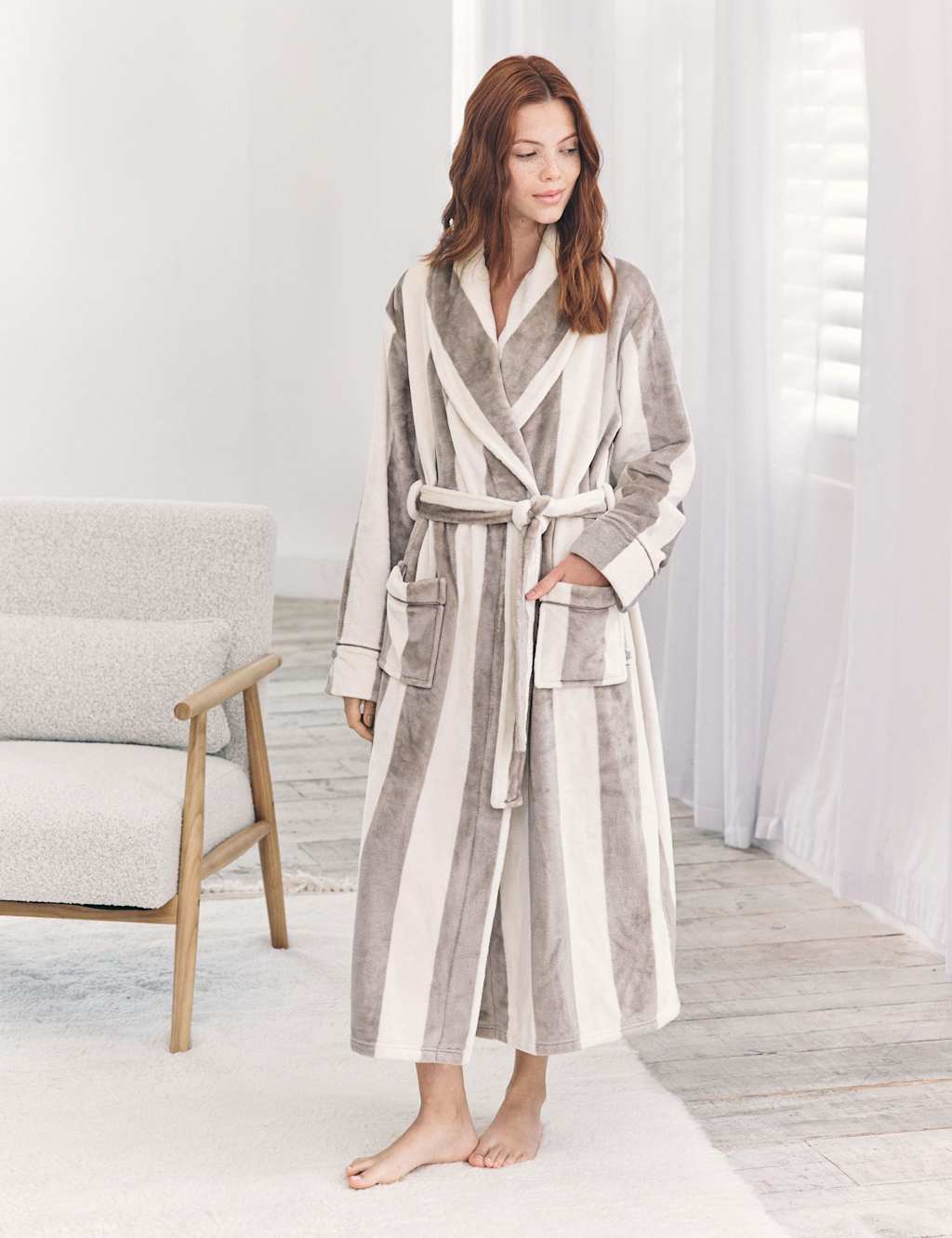 Chelsea Peers Fleece Striped Dressing Gown Brown Mix