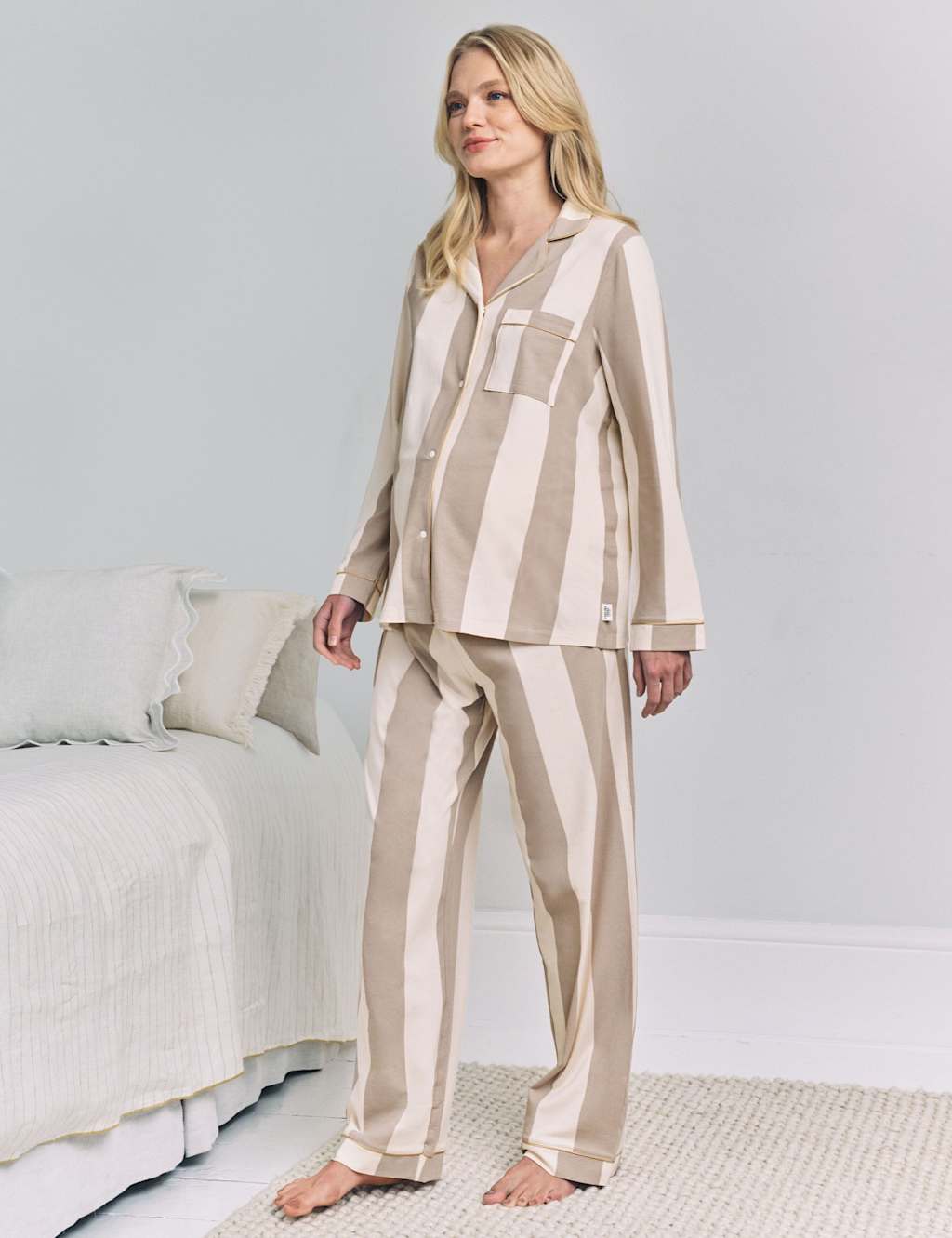 Chelsea Peers Cotton Rich Striped Maternity Pyjama Set Brown