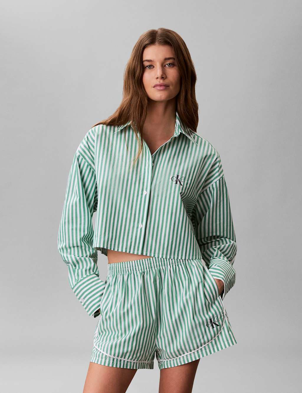 Calvin Klein Women's Cotton Poplin Cropped Pyjama Shirt - Large - Green Mix - Available at M&S