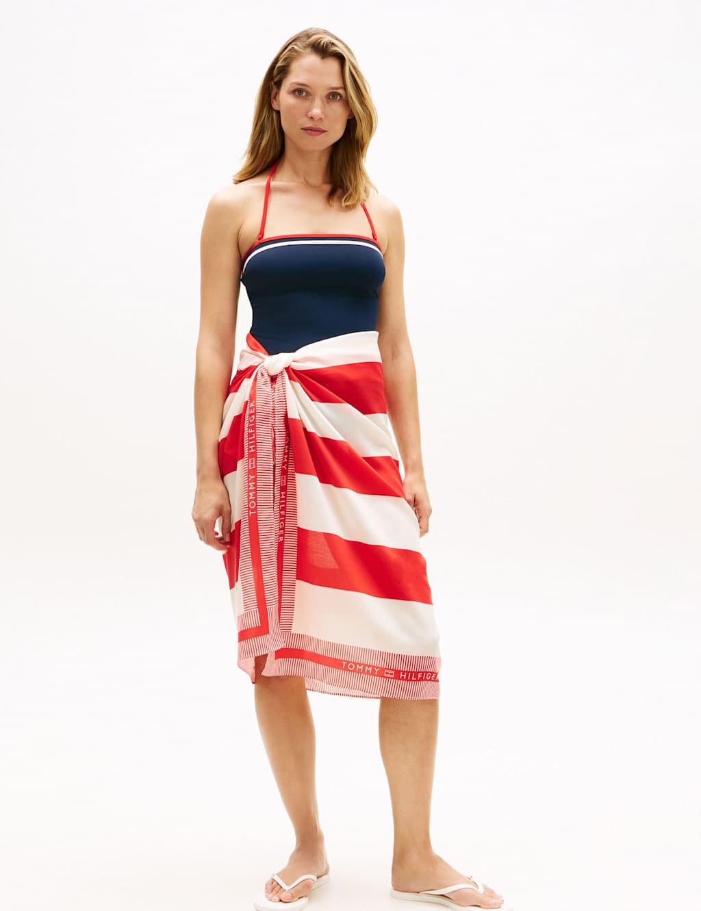 Tommy Hilfiger Women's Striped Knee Length Beach Cover Up Sarong - Red Mix - Available at M&S